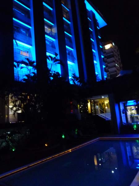 My hotel at night by the pool