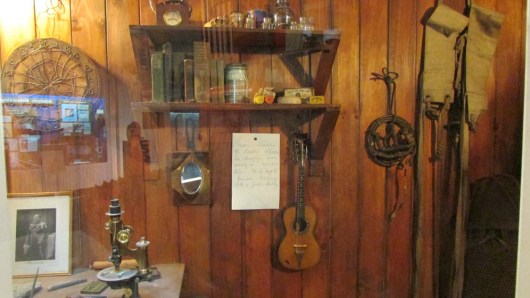 Replica cabin in the Antarctic. Note reads: 